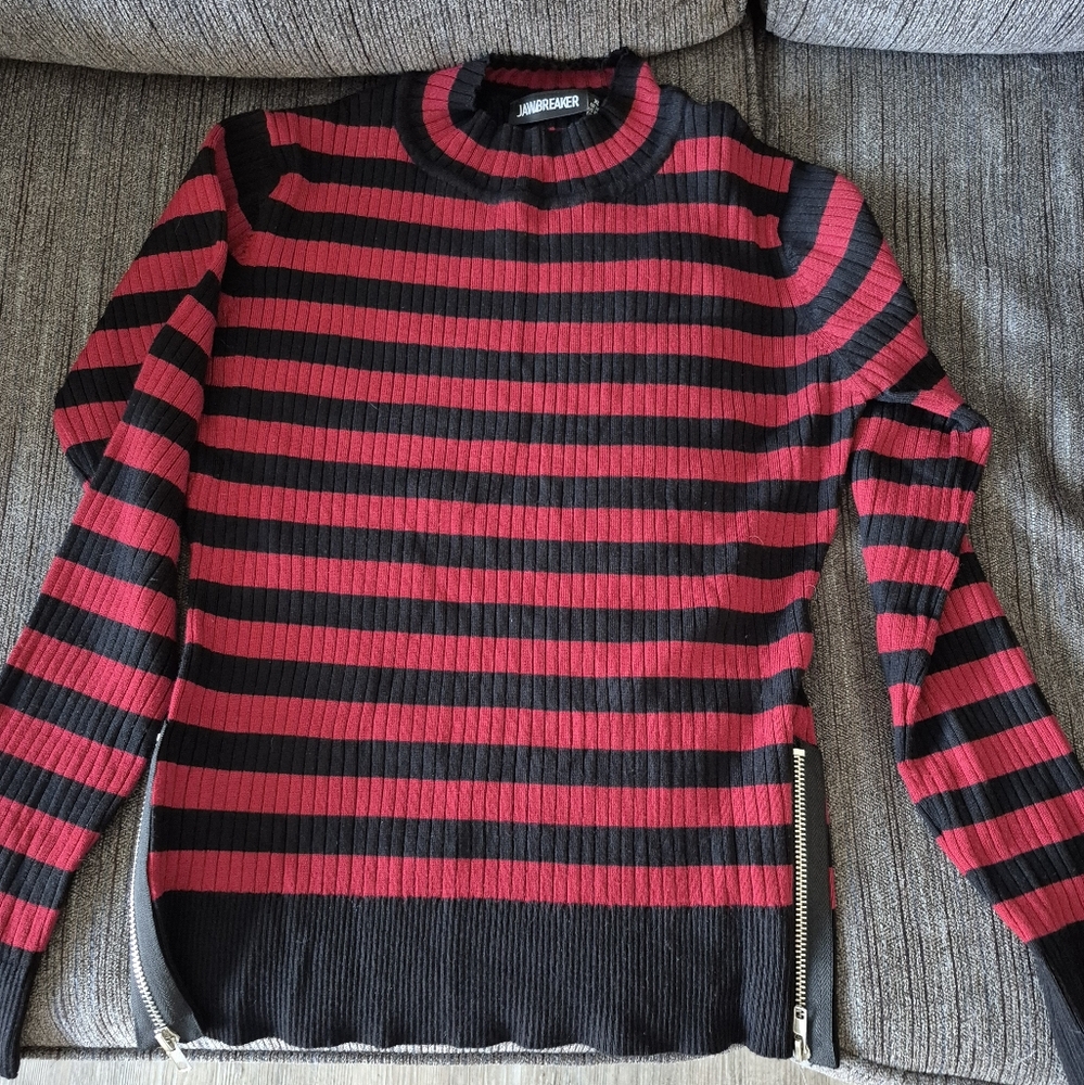 Jawbreaker Striped Black and Red Sweater with Zipper Accents